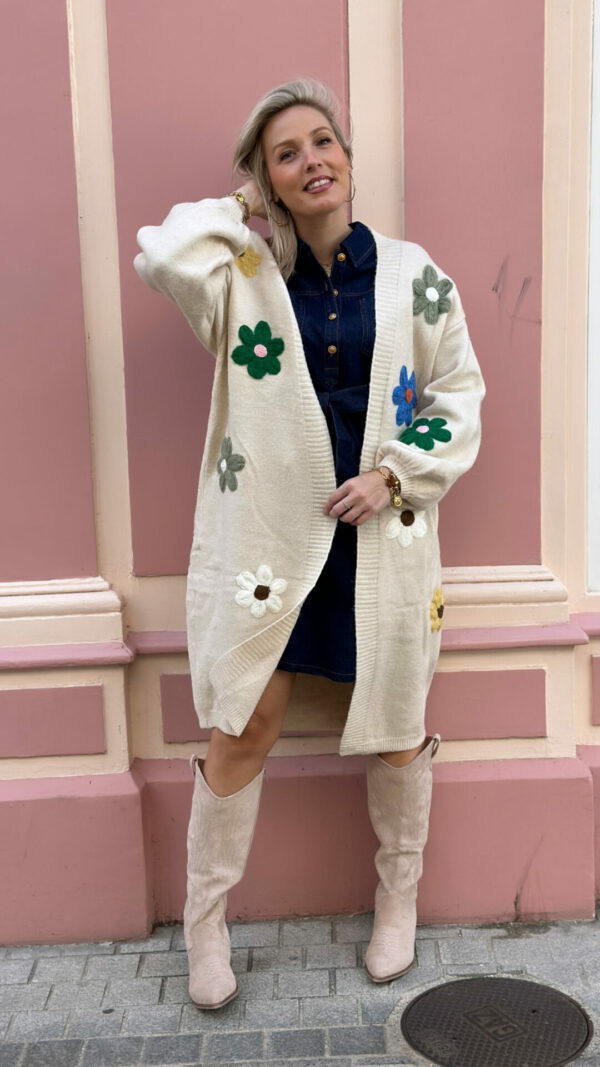 Gilet couleur écru manches longues avec des fleurs brodées de couleur bleu/verte. Porté avec des bottes montante style santiag. Et une robe bleu marine à volant.