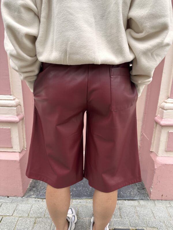 Short MILO bordeaux avec un élastique au niveau de la taille. Un short aspect vintage mais très moderne, un visuel en similicuir. Porté avec un pull a fermeture éclaire et des basket blanche. La photo est prise sur un mur rose. ( photo prise de dos)