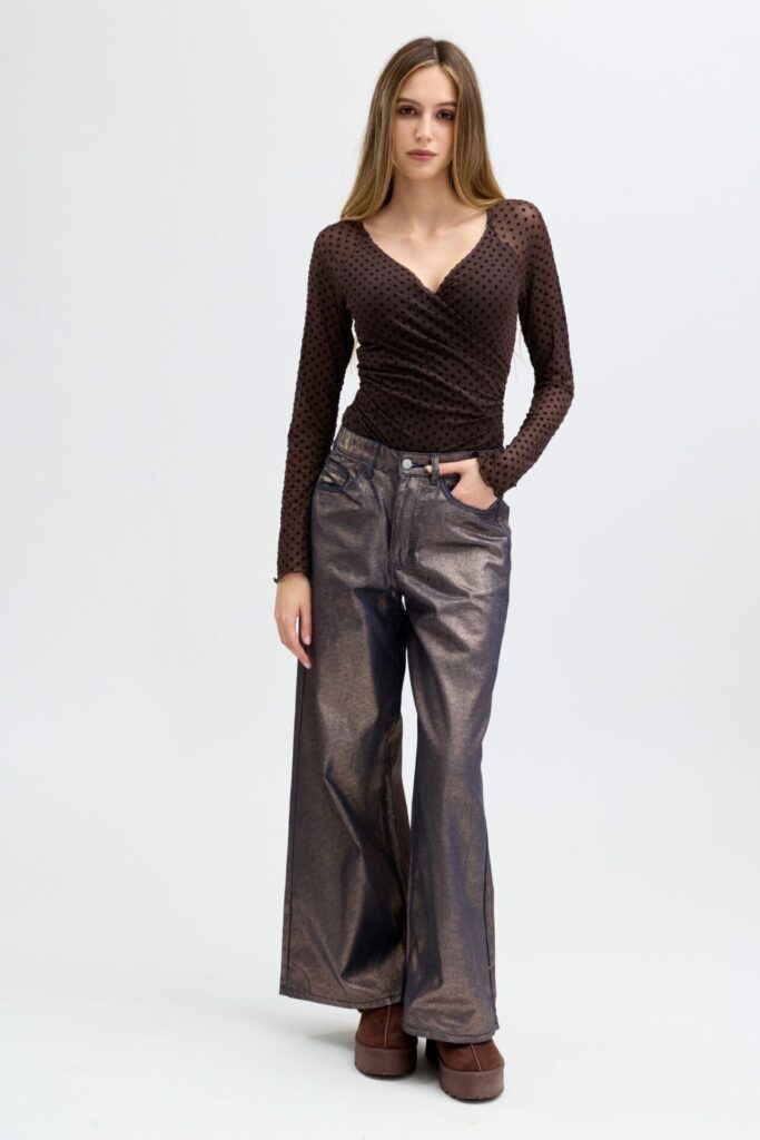 jeans enduit large marron